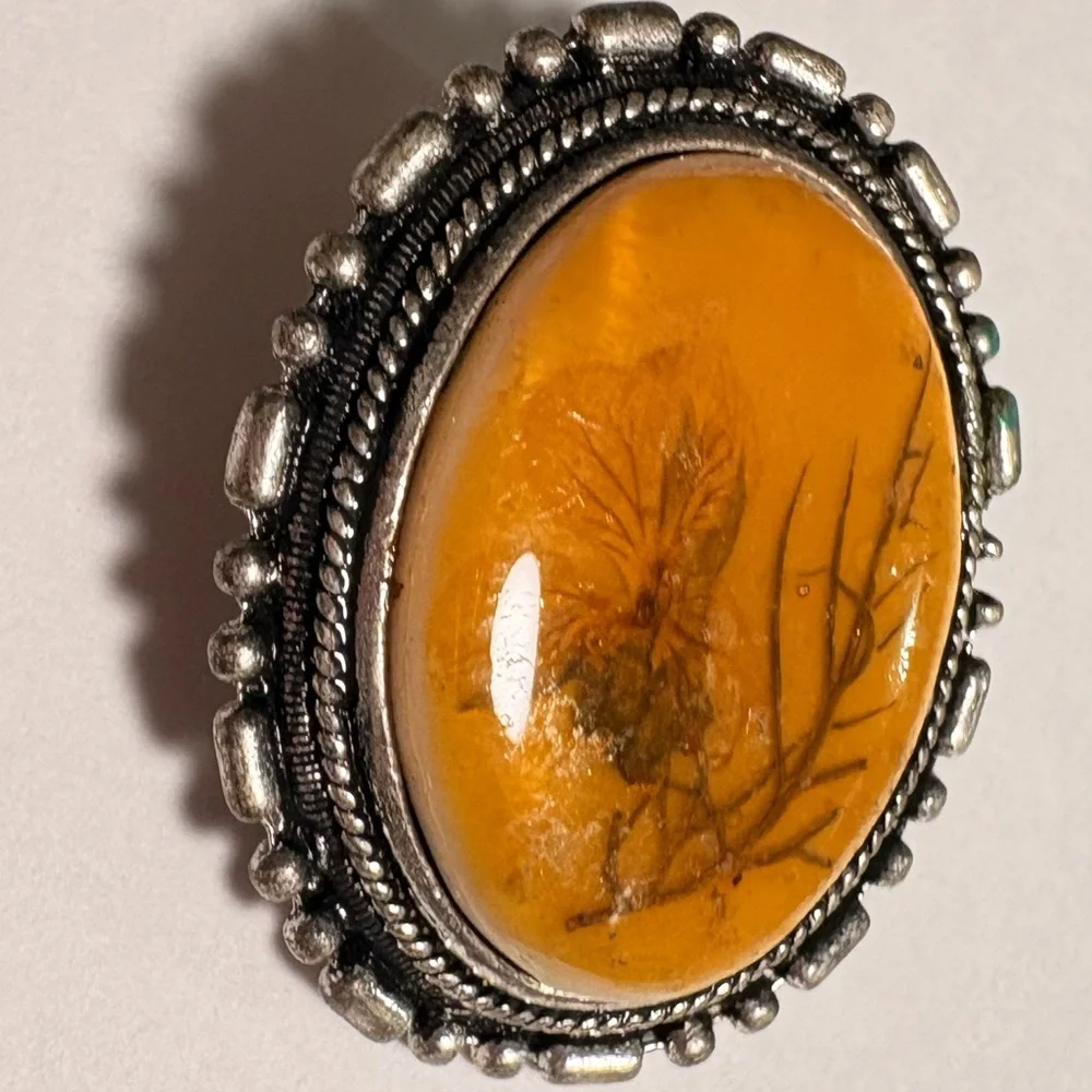 Vintage restored brooch with real dried flower incased in amber tone Brooch